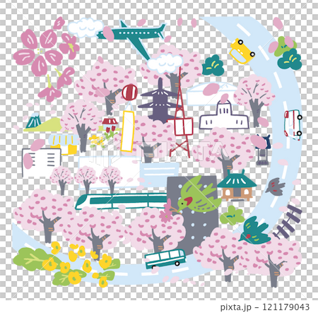 櫻花盛開的日本城市俯視圖 庫存插畫素材 121179043