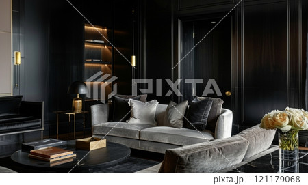 Elegant Living Room with Dark Decor 121179068