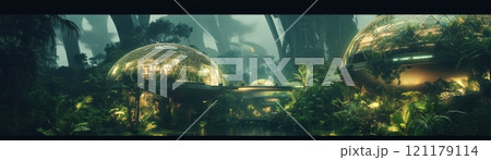 A futuristic cityscape with a lot of green trees and buildings A futuristic cityscape with a lot of green trees and buildings 121179114