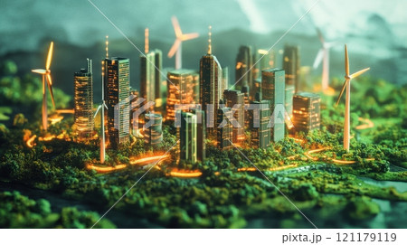 A city with a lot of windmills and a green forest 121179119