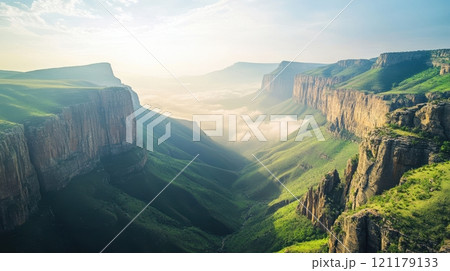 A mountain range with a valley in between 121179133