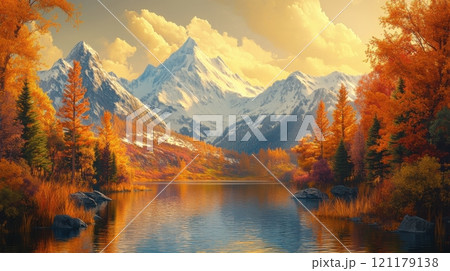 A beautiful mountain landscape with a lake in the foreground A beautiful mountain landscape with a lake in the foreground 121179138