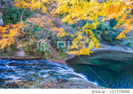 【千葉県】紅葉最盛期の房総養老渓谷・粟又の滝　滝壺を見下ろす 121179406