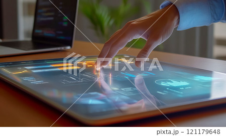 タブレット端末でデータを分析する男性 121179648