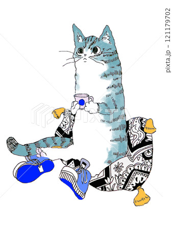 靴を履いてリラックスしている青い猫 靴を履いてリラックスしている青い猫 121179702