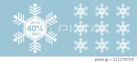 Sale tags set vector badges template, up to 10, 20, 30, 40, 50, 60, 70, 80, 90 percent off, snowflake vector illustration isolated on blue background. Price off tag icon flat design collection set. Up 121179729