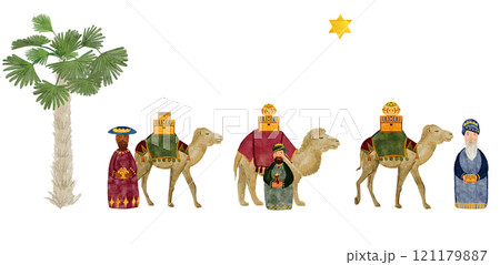 Wise men, magi, a camel with gifts, gold, myrrh, frankincense Christmas star watercolor card. Hand painted art for invitations, posters, stickers, banners, celebration of true Christmas. Cute clip art Wise men, magi, a camel with gifts, gold, myrrh, frankincense Christmas star watercolor card. Hand painted art for invitations, posters, stickers, banners, celebration of true Christmas. Cute clip art 121179887