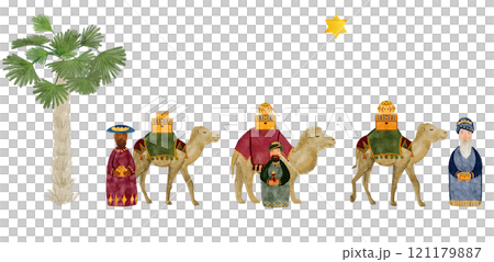 Wise men, magi, a camel with gifts, gold, myrrh, frankincense Christmas star watercolor card. Hand painted art for invitations, posters, stickers, banners, celebration of true Christmas. Cute clip art 121179887