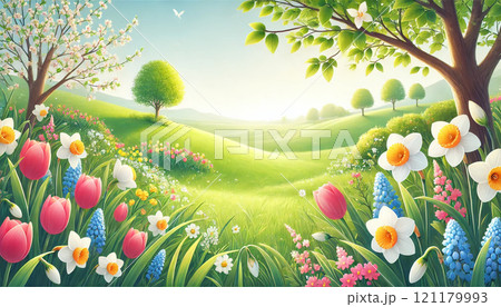 色鮮やかな春の庭園と咲き誇る花々 – 癒しの風景イラスト 色鮮やかな春の庭園と咲き誇る花々 – 癒しの風景イラスト 121179993
