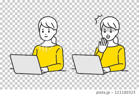 Set of young women looking at a computer and posing in shock [People vector illustration material] 121180325