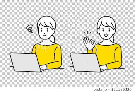A set of young women looking at a computer and worrying / making an OK sign pose [People vector illustration material] 121180326
