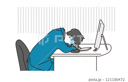 デスクで落ち込んでいるビジネスマンのシンプルイラスト デスクで落ち込んでいるビジネスマンのシンプルイラスト 121180472