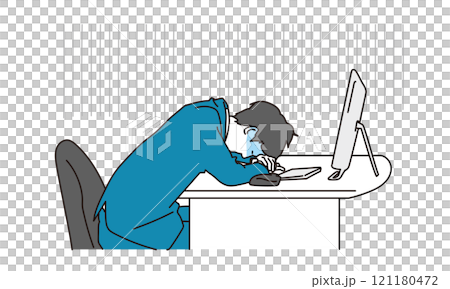 デスクで落ち込んでいるビジネスマンのシンプルイラスト デスクで落ち込んでいるビジネスマンのシンプルイラスト 121180472