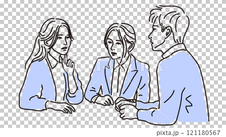 三個男人和女人說話的線條描圖_雙色藍黑 三個男人和女人說話的線條描圖_雙色藍黑 121180567
