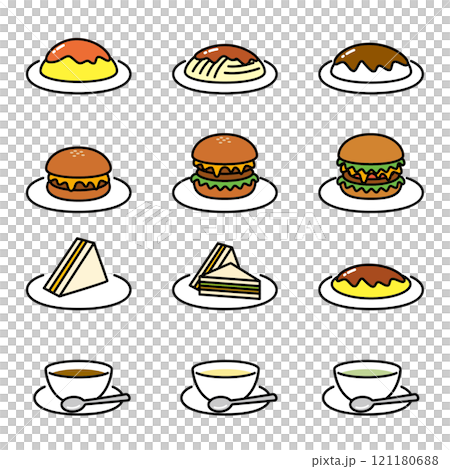 Illustration set of western food such as hamburgers served at cafes 121180688