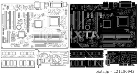 Layered editable vector illustration outline of old computer motherboard, memory and graphics card Layered editable vector illustration outline of old computer motherboard, memory and graphics card 121180942