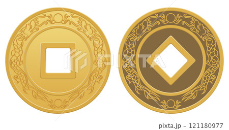 Layered editable vector illustration of ancient Chinese copper coins with dragon patterns on them. 121180977