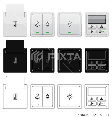 Layered editable vector illustration of hotel control panel including do not disturb, room service, light switch, air conditioner switch, room card slot. 121180994