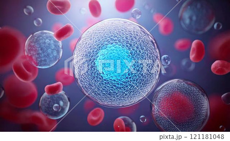 体内の造血幹細胞が赤血球を作るイメージの3D CGイラスト   医療系素材 121181048