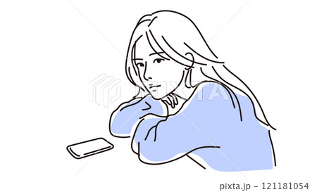 スマホの前で物思いにふける女性の線画_2色青黒 スマホの前で物思いにふける女性の線画_2色青黒 121181054