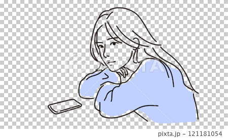 一個女人在智慧型手機前陷入沉思的線條畫_雙色藍黑 一個女人在智慧型手機前陷入沉思的線條畫_雙色藍黑 121181054