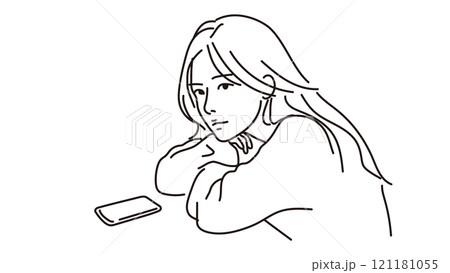 スマホの前で物思いにふける女性の線画 スマホの前で物思いにふける女性の線画 121181055