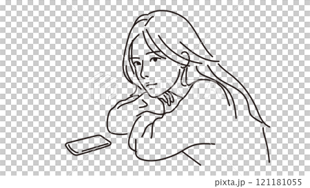一個女人在智慧型手機前陷入沉思的線條畫 一個女人在智慧型手機前陷入沉思的線條畫 121181055