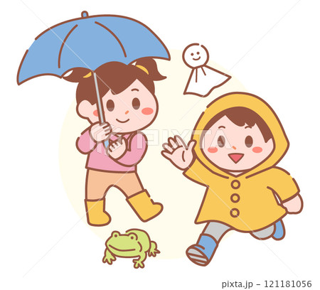 傘を持つ女の子と合羽を着た男の子の梅雨6月イラスト 121181056