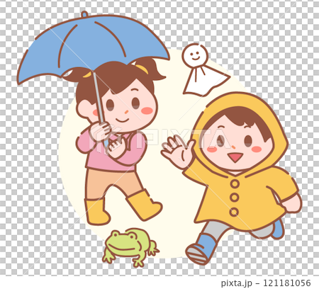 雨季六月插圖一個帶雨傘的女孩和一個穿外套的男孩 121181056