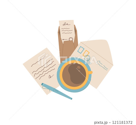 Letter, coffee and note on table with envelope, mail, and message in flat style. Creative stationery with handwritten note pen. Suitable for communication, correspondence, or holiday themes. Letter, coffee and note on table with envelope, mail, and message in flat style. Creative stationery with handwritten note pen. Suitable for communication, correspondence, or holiday themes. 121181372