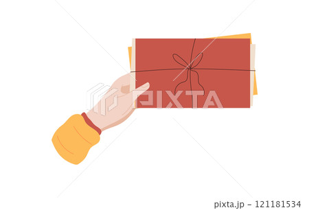 Hand hold a bundle of letters and cards with love and care. Flat cartoon graphic style representation of mail message delivery. Ideal for greeting or invitation themes, stationery designs. Hand hold a bundle of letters and cards with love and care. Flat cartoon graphic style representation of mail message delivery. Ideal for greeting or invitation themes, stationery designs. 121181534