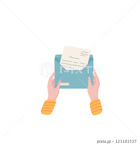 Open envelope with letter and message inside, held by girl hand. Concept of communication, love, and correspondence. Flat style, ideal for stationery creative projects. Open envelope with letter and message inside, held by girl hand. Concept of communication, love, and correspondence. Flat style, ideal for stationery creative projects. 121181537