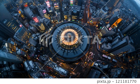 未来の都会を表現したネオンシティの鳥瞰イラスト 121181770