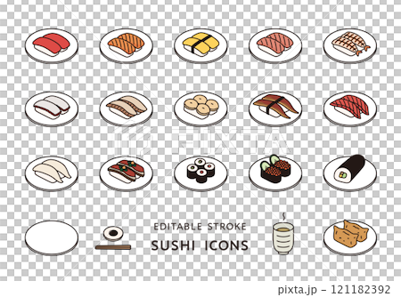 與壽司相關的圖標集（顏色/帶盤子） 121182392