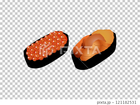 リアルで美味しそうなイクラとウニのお寿司のイラスト リアルで美味しそうなイクラとウニのお寿司のイラスト 121182531