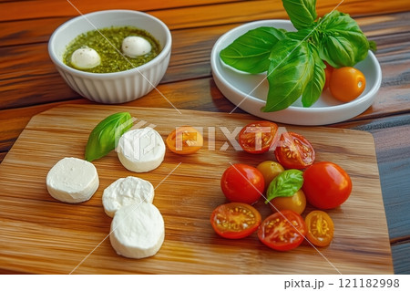Caprese Ingredients: Fresh Mozzarella, Tomatoes, Basil by Generative Ai Caprese Ingredients: Fresh Mozzarella, Tomatoes, Basil by Generative Ai 121182998