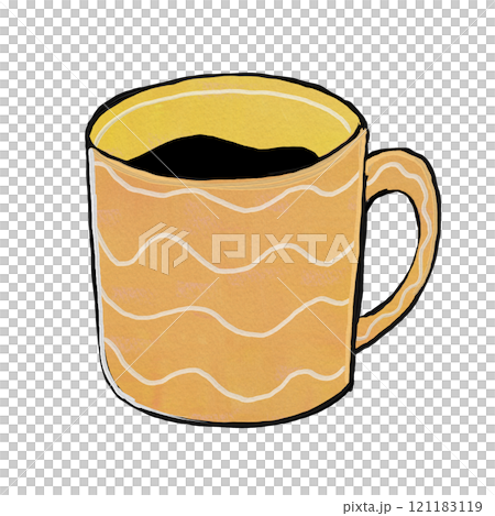 A simple and cute picture book style illustration on a mug of coffee A simple and cute picture book style illustration on a mug of coffee 121183119