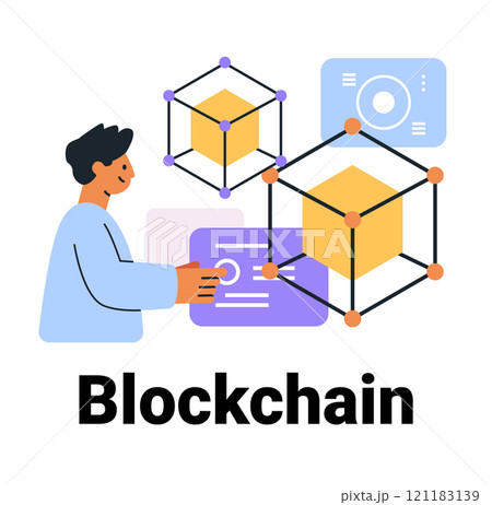 Blockchain technology concept with person interacting digital cubes futuristic design elements colorful geometric shapes website banner 121183139