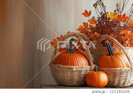 Charming Autumn Pumpkin Basket Arrangement with Vibrant Fall Leaves by Generative Ai Photo 121183220