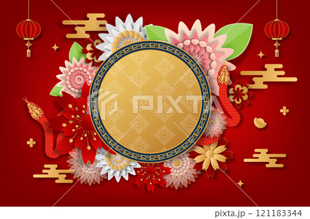 Happy Chinese New Year 2025. Snake zodiac with abstract flowers, year of the snake. Vector illustrator EPS10 121183344