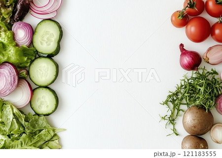 Freshly Sliced Vegetables and Greens Perfectly Arranged on a White Background by Generative Ai Photo 121183555