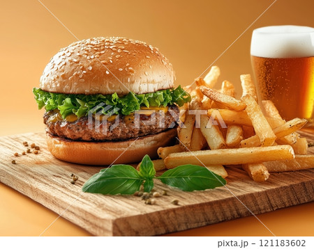 A Classic American Feast: Juicy Burger, Crispy Fries, and a Frosty Beer, Captured in a Photo - Generative AI Photo 121183602