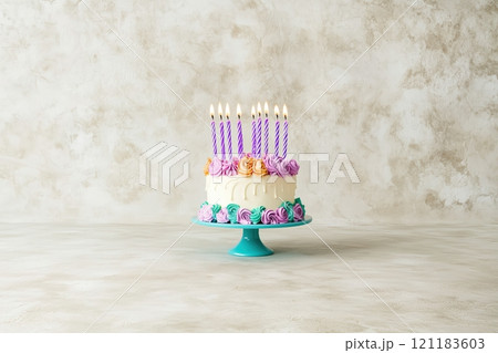 A Festive Birthday Cake with Colorful Candles, Ready to Celebrate - Generative AI Photo 121183603