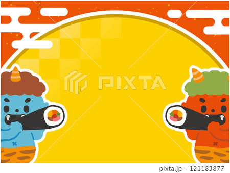 赤鬼と青鬼の節分フレーム　黄色背景 121183877