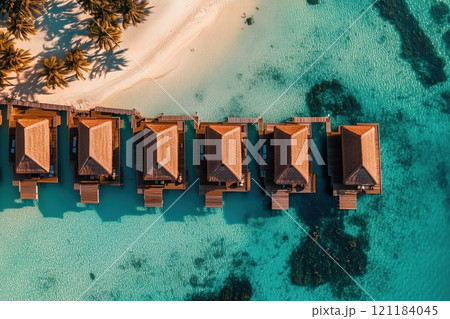 A Tropical Paradise: Overwater Bungalows in a Crystal-Clear Lagoon - Generative AI 121184045