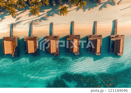 A Tropical Paradise: Overwater Bungalows in a Crystal-Clear Lagoon - Generative AI 121184046