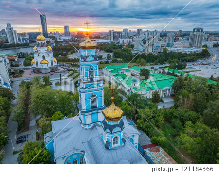 Summer Yekaterinburg, Temple of the Ascension and Temple on Blood in beautiful clear sunset. 121184366