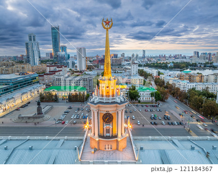 Yekaterinburg City Administration or City Hall and Central square at summer evening. Evening city in the summer sunset, Aerial View. 121184367