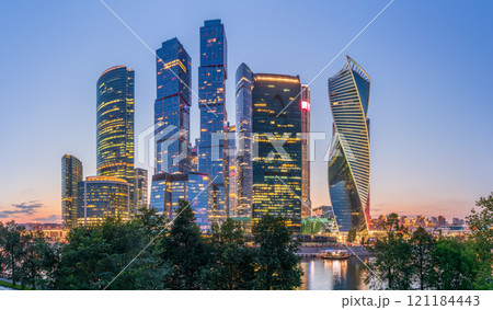 Moscow city at summer night. Modern skyscrapers in Moscow-city downtown. Moscow, Russia 121184443
