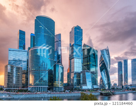 High buildings of Moscow-City at Moskva River at summer sunset, Russia. High buildings of Moscow-City at Moskva River at summer sunset, Russia. 121184460